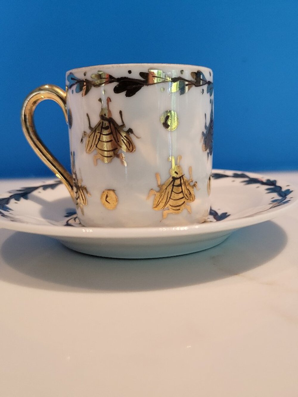 Vintage Limoges France Napoleonic Bee Demitasse Espresso Cup & Saucer Set Gold